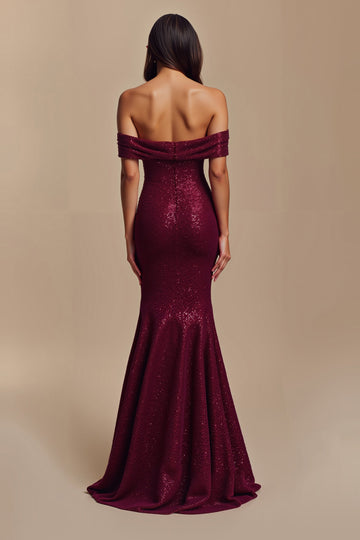 Sparkly Burgundy Mermaid Floral Long Holiday Party Dress